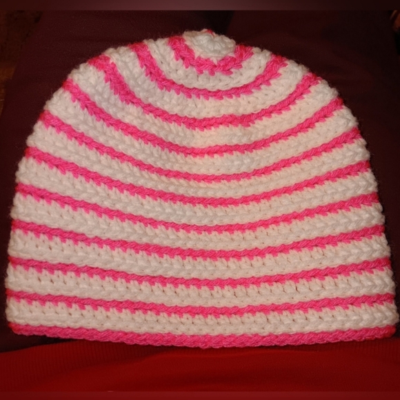 Handmade Pink and White Striped Beanie - Picture 1 of 1
